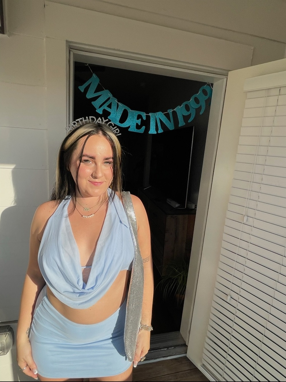Oh Polly Light Blue Drape Front Crop Top & Mini Skirt Co-ord Set